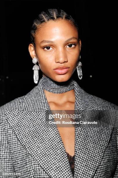 Model poses backstage at the Ermanno Scervino fashion show during the Milan Fashion Week - Womenswear Fall/Winter 2025/2026 on March 01, 2025 in...