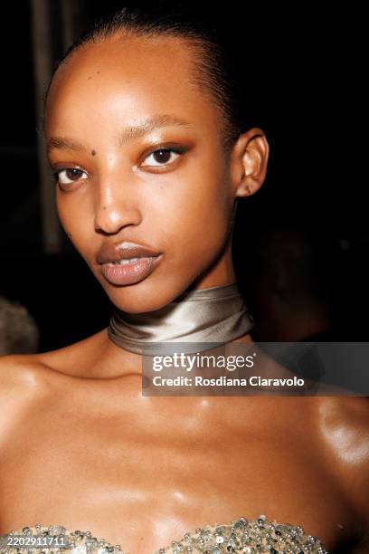 Model poses backstage at the Ermanno Scervino fashion show during the Milan Fashion Week - Womenswear Fall/Winter 2025/2026 on March 01, 2025 in...