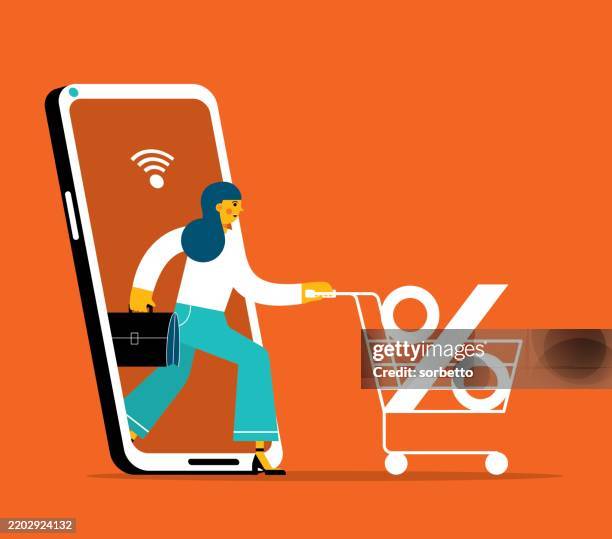 ilustraciones, imágenes clip art, dibujos animados e iconos de stock de empresaria - compras en línea - teléfono móvil - compras desde casa ilustraciones de stock