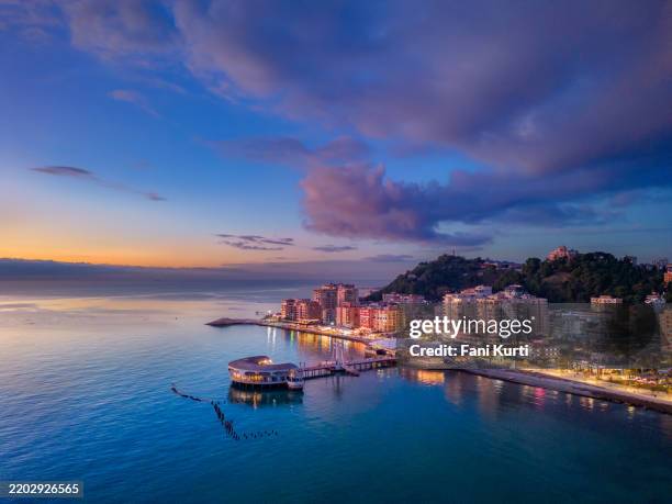 durres from drone at dusk, marina - albania stock pictures, royalty-free photos & images