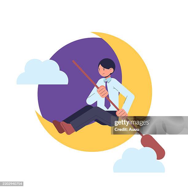 businessman sitting on the moon and rowing - bored work stock illustrations