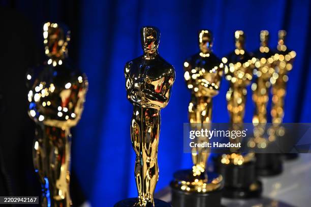 In this handout photo provided by The Academy, Oscar statuettes are seen backstage during the 97th Annual Oscars at Dolby Theatre on March 02, 2025...