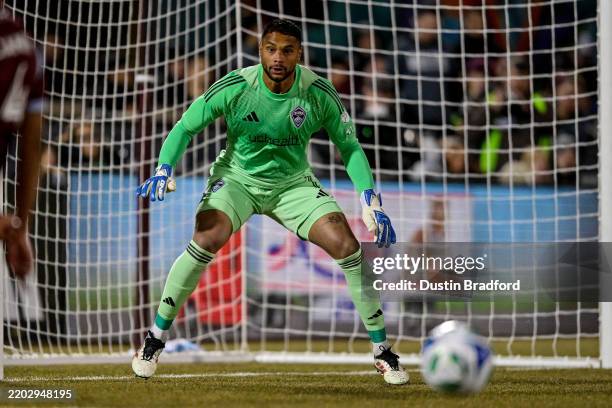 Zack Steffen of Colorado Rapids defends the goal in the first half in a match against FC Dallas at Dick's Sporting Goods Park on March 1, 2025 in...