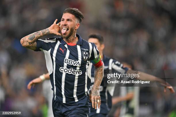 Sergio Ramos of Monterrey celebrates after scoring the team's second goal during the 10th round match between Monterrey and Santos Laguna as part of...