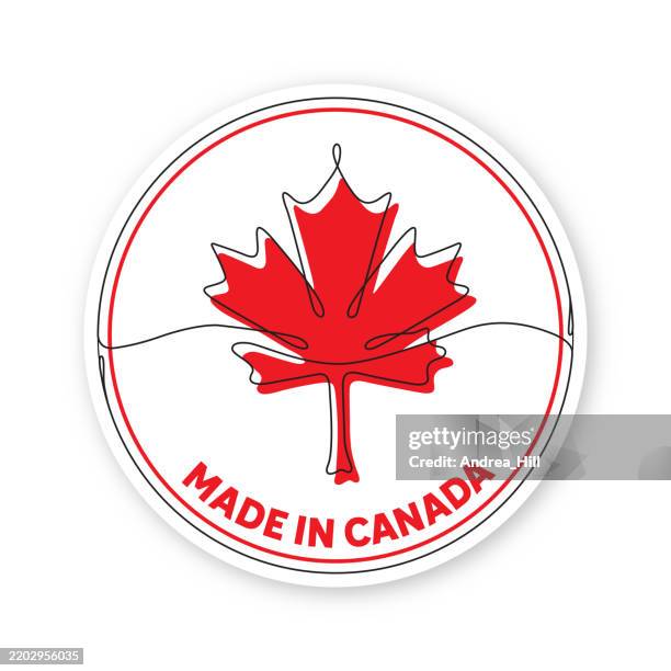 made in canada label design, buy canada single line drawing with red maple leaf - make a image with transparent background stock illustrations