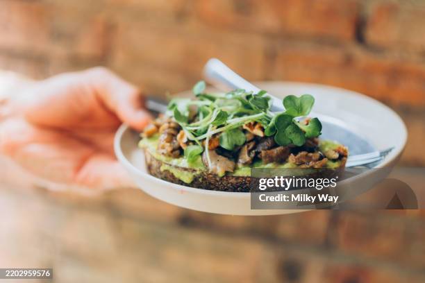 male hand holding plate with avocado toast topped with asian edible mushrooms and micro greens sits on brick wall background. - estilismo culinário imagens e fotografias de stock