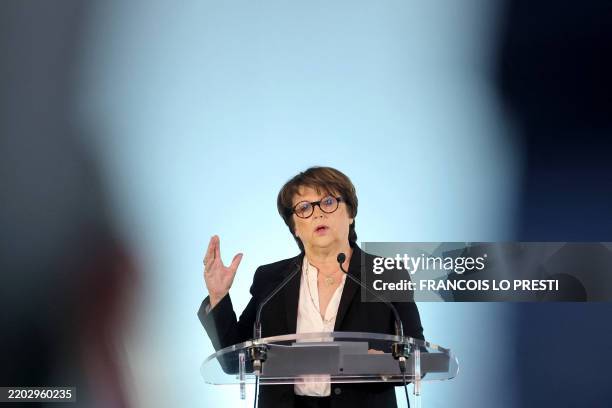 Mayor of Lille Martine Aubry speaks during a press conference in the Saint Sauveur hall in Lille, northern France on March 6 to announce her...