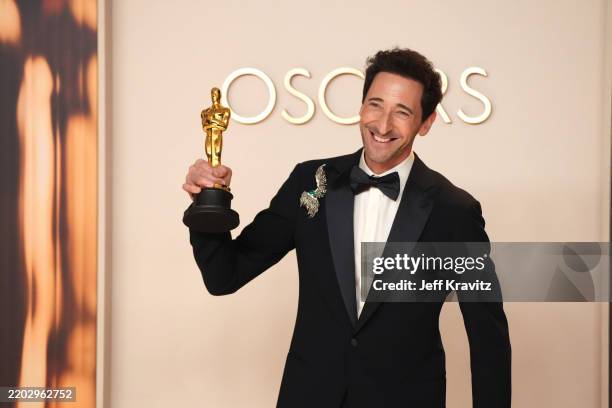 Adrien Brody, winner of the Best Actor in a Leading Role for “The Brutalist”, poses in the press room during the 97th Annual Oscars at Dolby Theatre...