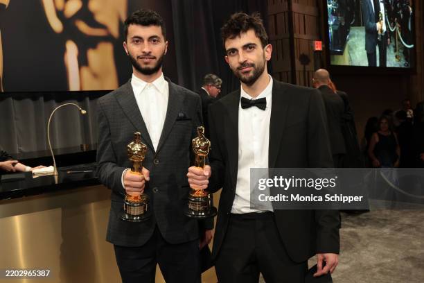 Basel Adra and Yuval Abraham winners of the Best Documentary Feature award for "No Other Land" attend the 97th Annual Oscars Governors Ball at...