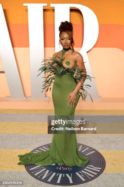 Megan Thee Stallion attends the 2025 Vanity Fair Oscar Party Hosted By Radhika Jones at Wallis Annenberg Center for the Performing Arts on March 02,...