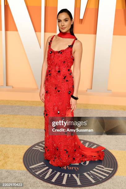 Gal Gadot attends the 2025 Vanity Fair Oscar Party Hosted By Radhika Jones at Wallis Annenberg Center for the Performing Arts on March 02, 2025 in...