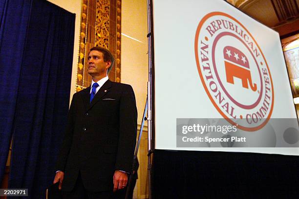 Republican Majority leader Bill Frist waits to walk on stage at the Republican National Committee 2003 summer meeting July 25, 2003 at the Waldorf...