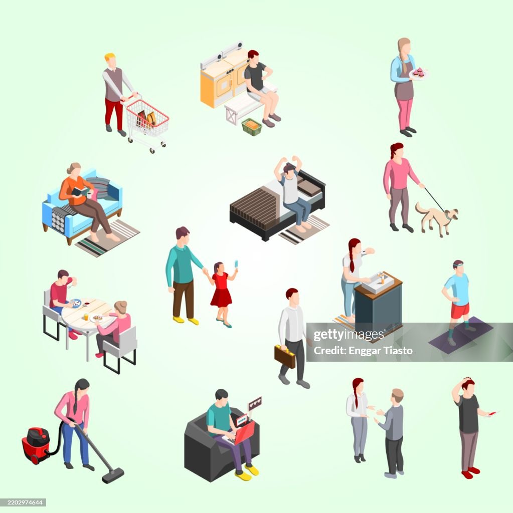 Daily Routine Isometric Flowchart busy family job concept
