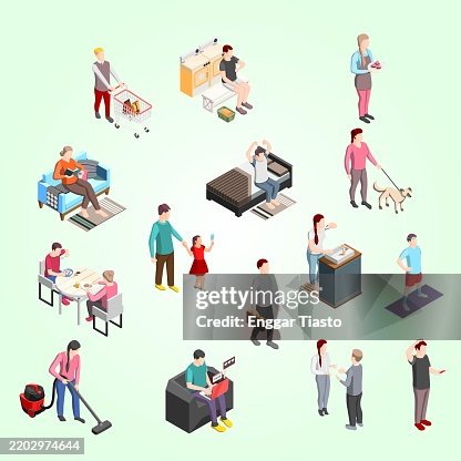 Daily Routine Isometric Flowchart Busy Family Job Concept High-Res ...