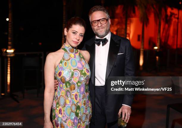 Lauren Miller Rogen and Seth Rogen attend the 2025 Vanity Fair Oscar Party Hosted By Radhika Jones at Wallis Annenberg Center for the Performing Arts...