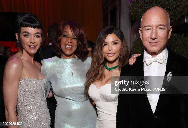 Katy Perry, Gayle King, Lauren Sánchez, and Jeff Bezos attend the 2025 Vanity Fair Oscar Party Hosted By Radhika Jones at Wallis Annenberg Center for...