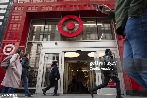 People walk past Target Store in Midtown Manhattan on March 06, 2025 in New York City, United States.