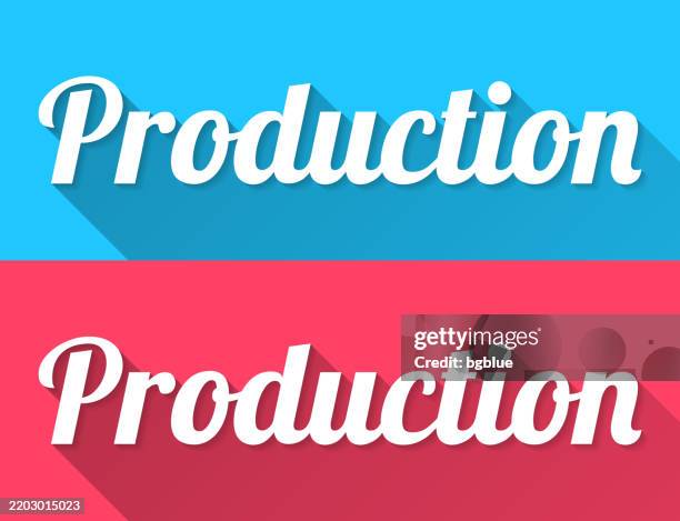 production - flat design with long shadow on blue and red background - word processing stock illustrations