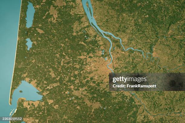 bordeaux satellite topographic map 3d render true color - aquitaine stock pictures, royalty-free photos & images