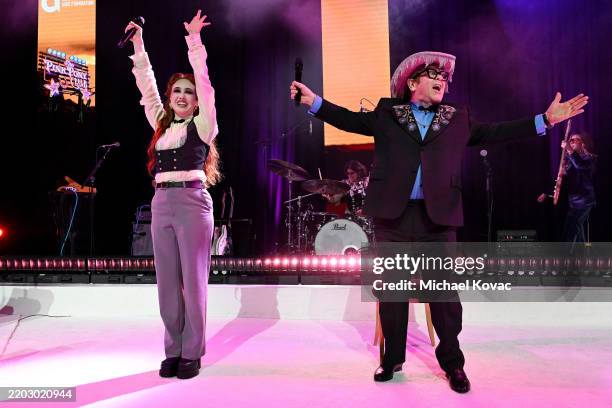 Chappell Roan and Elton John perform onstage at Elton John AIDS Foundation's 33rd Annual Academy Awards Viewing Party on March 02, 2025 in West...