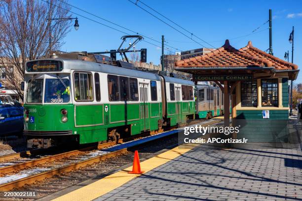 coolidge corner train stop - green line - mbta - brookline massachusetts - brookline massachusetts stock pictures, royalty-free photos & images