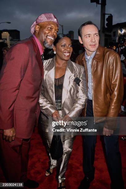 American actors Samuel L Jackson, LaTanya Richardson and Kevin Spacey attend the Westwood Premiere of F Gary Gray's 'The Negotiator' at the Mann...