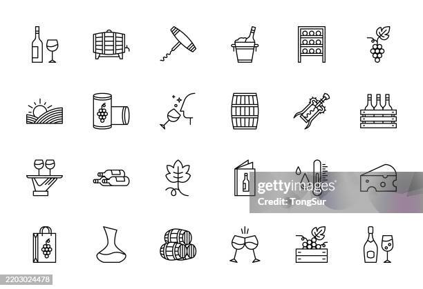 wein - symbole der mittleren linie - holzkiste stock-grafiken, -clipart, -cartoons und -symbole