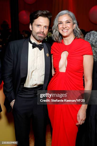 Sebastian Stan and Radhika Jones, Editor-in-Chief of Vanity Fair attend the 2025 Vanity Fair Oscar Party Hosted By Radhika Jones at Wallis Annenberg...