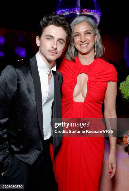 Timothée Chalamet and Radhika Jones, Editor-in-Chief of Vanity Fair attend the 2025 Vanity Fair Oscar Party Hosted By Radhika Jones at Wallis...