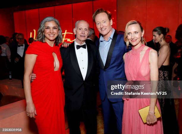 Radhika Jones, John Waters, Conan O'Brien and Liza Powel O'Brien attend the 2025 Vanity Fair Oscar Party Hosted By Radhika Jones at Wallis Annenberg...