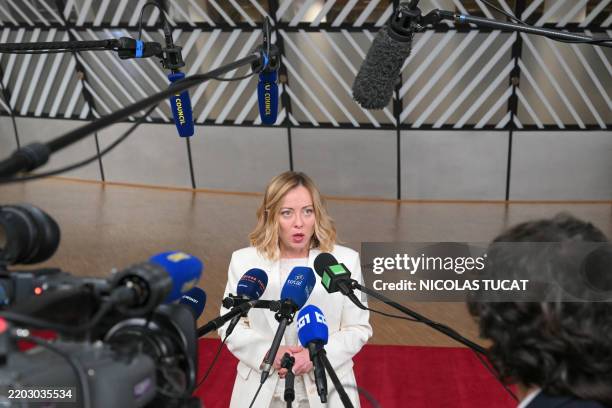Italy's Prime Minister Giorgia Meloni addresses the media at the end of a Special European Council to discuss continued support for Ukraine and...