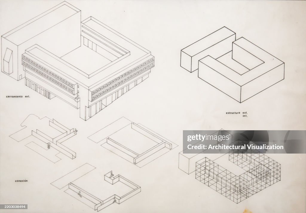 Architekt 3D-axonometrische Darstellung der Bauphasen vom Rahmen bis zum endgültigen Entwurf eines brutalistischen Universitätscampusgebäudes