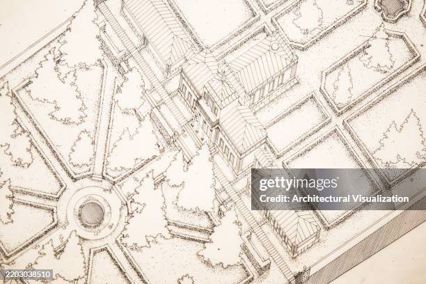 ilustraciones, imágenes clip art, dibujos animados e iconos de stock de dibujo axonométrico hecho a mano del arquitecto con proyecto de diseño de paisaje con un palacio de construcción clásico central con caminos de jardín simétricos - evolution history