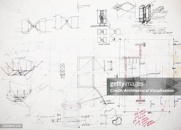 architect handmade drawings and sketches showing design thinking process, creativity and innovation solving architecture holistic problems - engineering-design-process-diagram stock illustrations