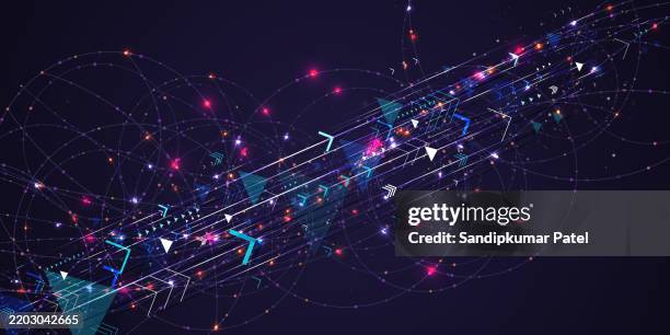 abstract wavy lines with dots particles and lighting on dark purple tech background. - fibre cable stock illustrations