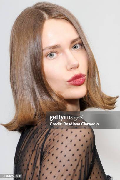 Model poses backstage at the Luisa Spagnoli fashion show during the Milan Fashion Week - Womenswear Fall/Winter 2025/2026 on March 01, 2025 in Milan,...