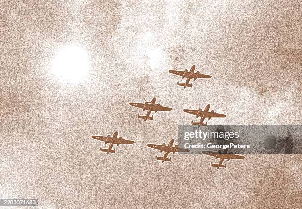 stockillustraties, clipart, cartoons en iconen met ww2 mitchell b-25 medium bombers formation flying - tweede wereldoorlog