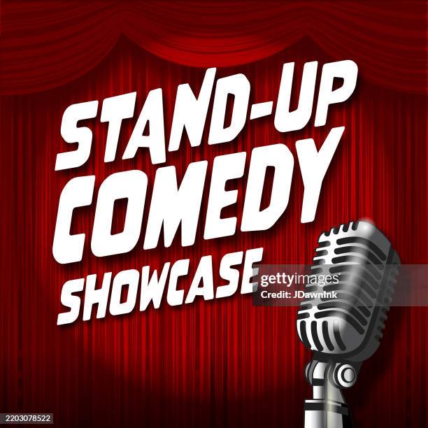 ilustrações de stock, clip art, desenhos animados e ícones de stand up comedy night advertisement design concept with red curtain and retro microphone for restaurants and bars nightlife - stand up