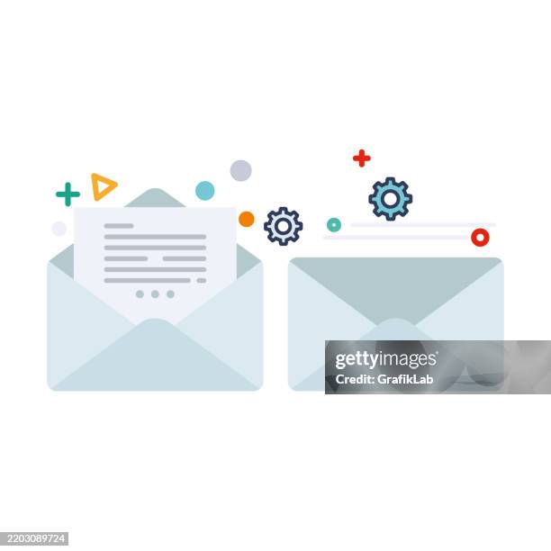 email communication automation concept with open closed envelopes - letterhead envelope stock illustrations