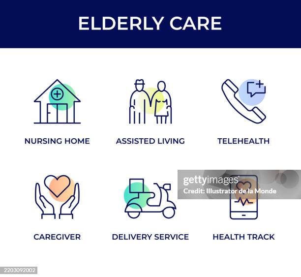 ilustraciones, imágenes clip art, dibujos animados e iconos de stock de conjunto de iconos para el cuidado de personas mayores - residencia de ancianos