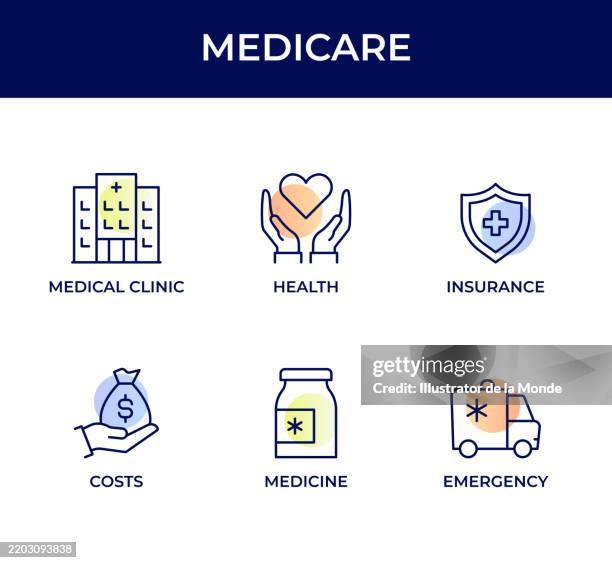 ilustraciones, imágenes clip art, dibujos animados e iconos de stock de conjunto de iconos de medicare - medicare
