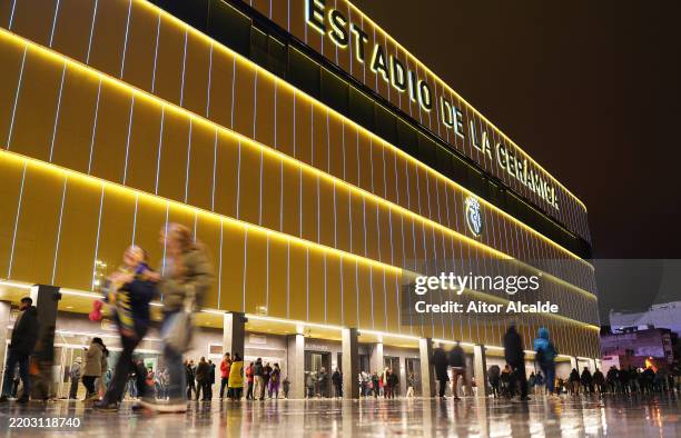 General view outside the stadium as fans can be seen leaving following the postponement of the match due to weather conditions prior to the LaLiga...