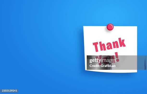 thank you note displayed blue background, red push pin - post it note pad stock illustrations