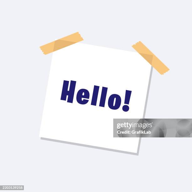 white note with hello message held by transparent tape - office flat lay stock illustrations