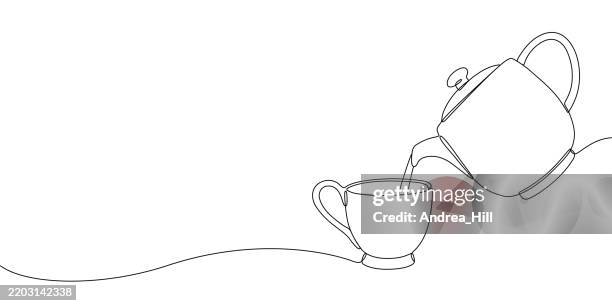 teapot pouring tea into a cup single line drawing banner - hygge stock illustrations