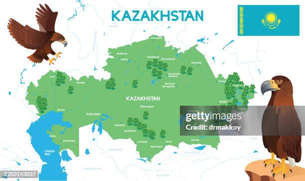 kazakhstan map and golden eagle - kazakhstan stock illustrations