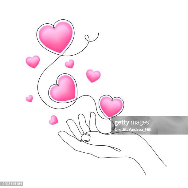 hand continuous line drawing with 3d pink vector hearts - black hand white background stock illustrations