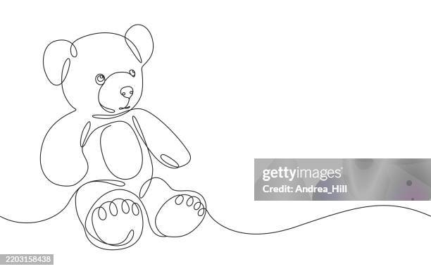 teddy bear continuous line drawing with copy space banner - teddy bears stock illustrations