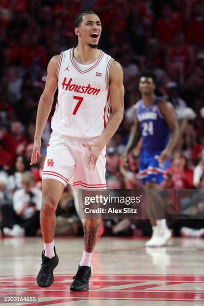 Milos Uzan of the Houston Cougars reacts against the Kansas Jayhawks during the second half at Fertitta Center on March 03, 2025 in Houston, Texas.