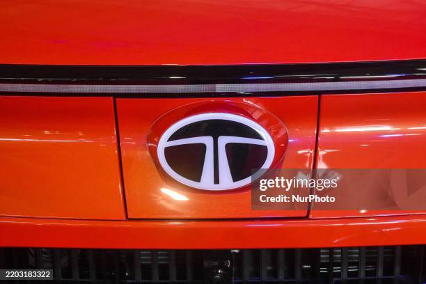 The TATA Motors emblem is seen at the TATA Motors booth in Kolkata, India, on March 7, 2025.
